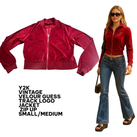 Guess Jackets & Blazers - Y2K RED VELOUR LOGO VINTAGE GUESS ZIP UP‎ TRACK JACKET SMALL/MEDIUM